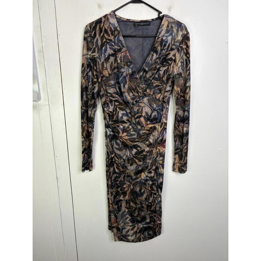 Peruvian Connection Dress Womens Small Shadow Vine Faux Wrap Dark Print Stretch